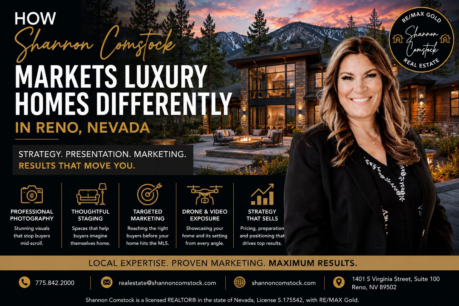 Shannon Comstock, Reno Nevada luxury real estate agent with RE/MAX Gold, reviewing a luxury home marketing strategy in Washoe County.