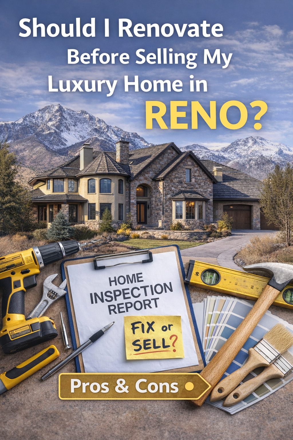 Luxury home in Reno Nevada with renovation tools and home inspection report showing what to fix before selling a home