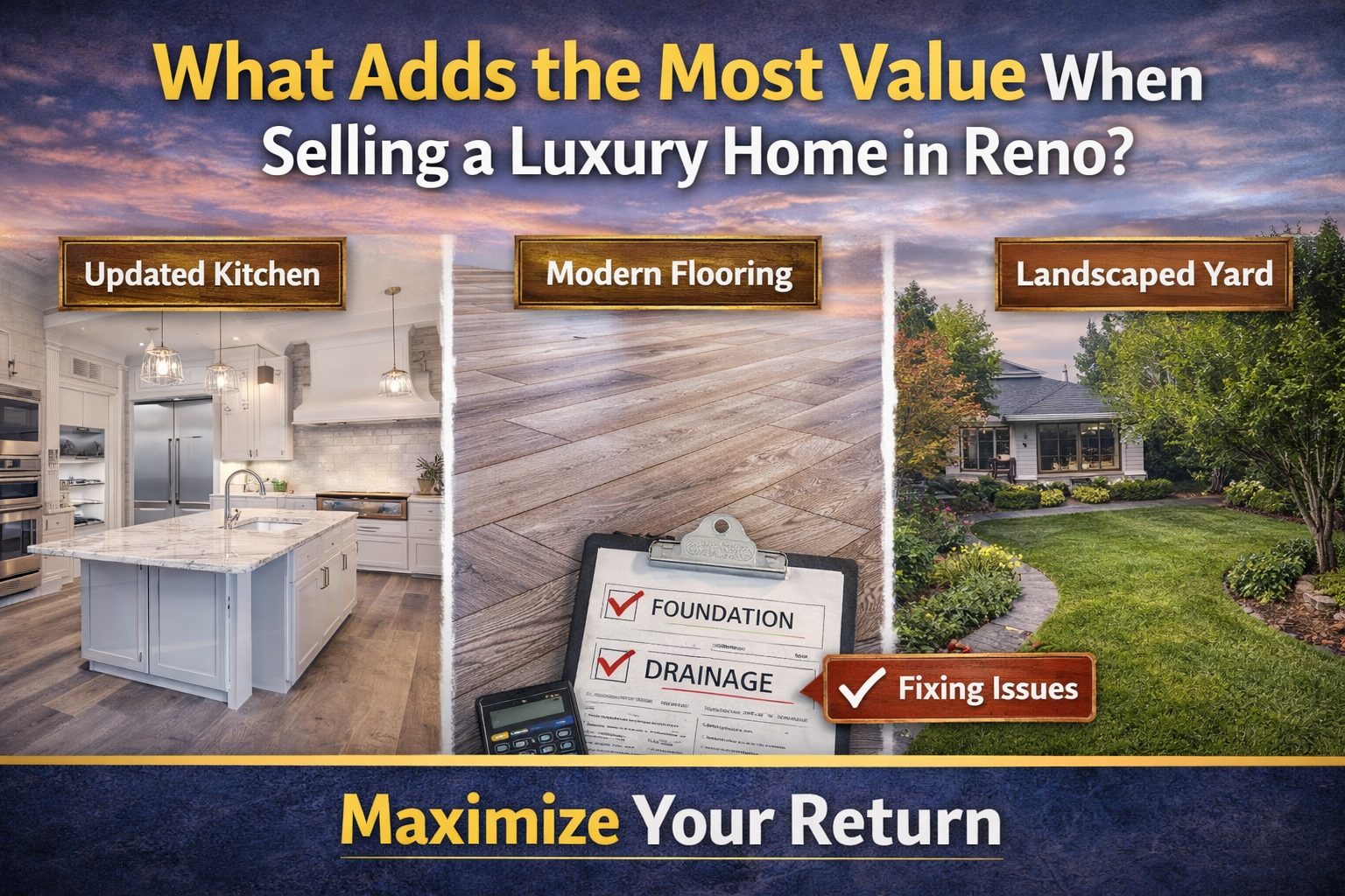 Luxury home in Reno Nevada featuring updated kitchen, modern flooring, and landscaped yard showing what adds value when selling a home