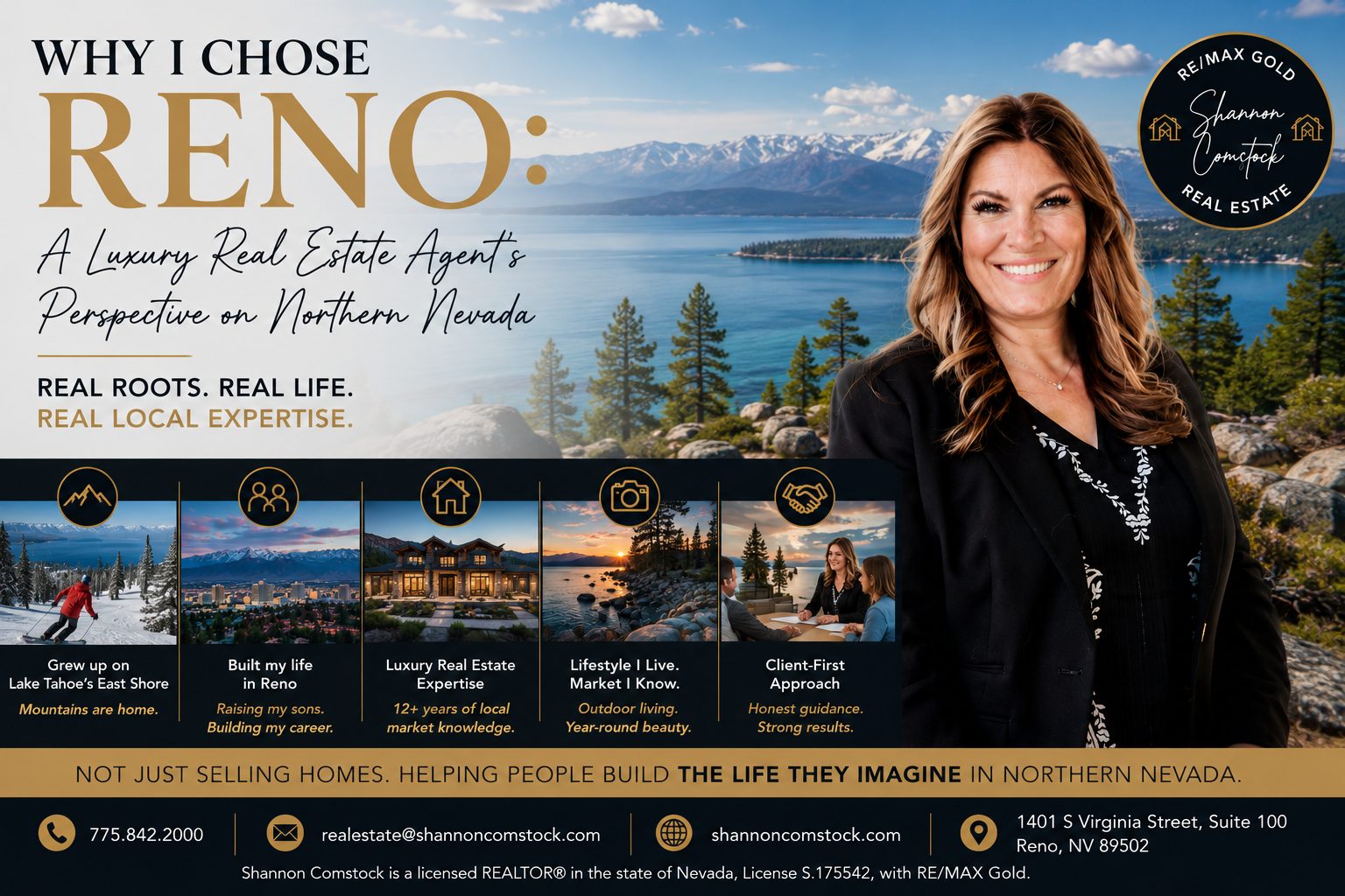 Shannon Comstock, luxury real estate agent in Reno Nevada, who grew up on Lake Tahoe's East Shore and has lived in Southwest Reno since 2013.